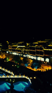 湖南湘西凤凰古城夜景灯光竖屏航拍视频