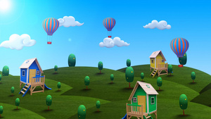 草地小房子热气球背景视频15秒视频