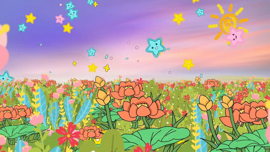 唯美动态卡通花海唯美粒子花朵背景视频素材视频