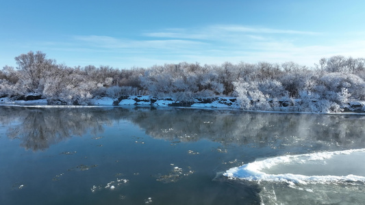 初冬河边丛林唯美雾凇雪景视频