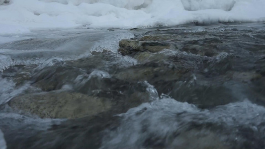 新疆喀纳斯冬季河流雪景视频