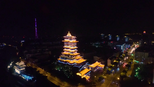 绵阳涪城区越王楼古建筑塔城市夜景航拍素材视频