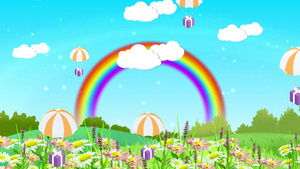 卡通旅游田野风车白云热气球儿童歌舞背景20秒视频