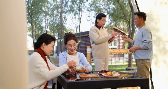 中老年人在露营地喝茶聊天视频