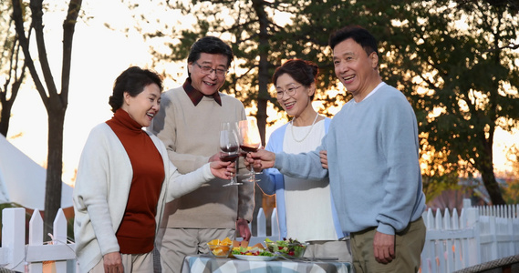 夕阳下中老年朋友在庭院里聚会喝酒干杯视频