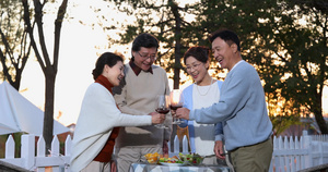 夕阳下中老年朋友在庭院里聚会喝酒干杯8秒视频