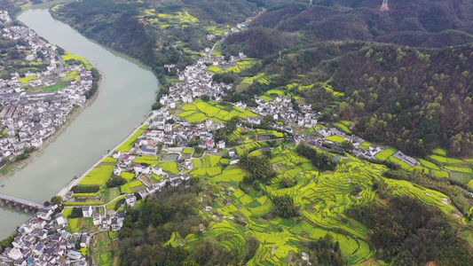 安徽歙县春季油菜花海风光鸟瞰航拍视频