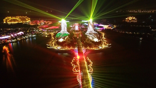 海南海口瞻洲市海花岛夜景灯光秀航拍4K视频