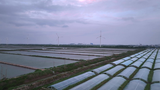 晚霞下的乡村和风力发电机视频