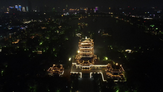 航拍山东济南大明湖超然楼夜景视频