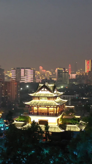 航拍武汉城市地标建筑黄鹤楼古建筑群夜景灯光秀素材城市天际线30秒视频