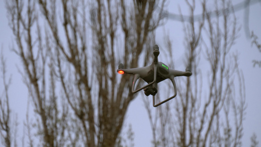 在树间用摄像头飞行的无人驾驶飞机视频