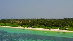 蓝水和亮沙背景下美丽岸滩时间的空中无人机海景16秒视频