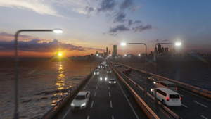 日落时夜城与水对面环绕的高速公路上空中飞行29秒视频