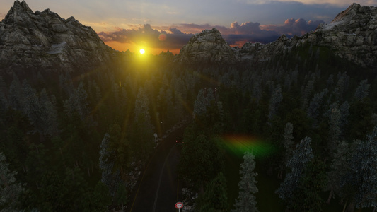 以汽车驾驶向日落山峰方向的4公里林路4公里视频