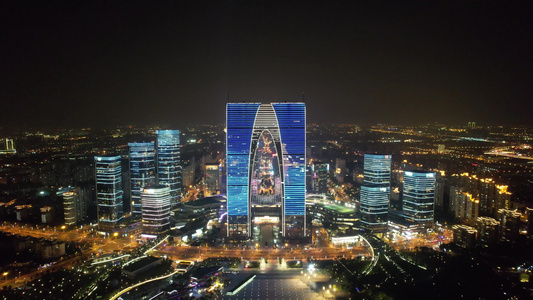 航拍江苏苏州金鸡湖东方之门夜景  视频