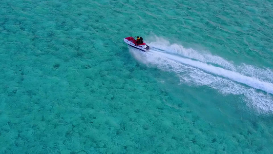 以蓝海和棕榈附近的白沙背景航行的宁静岸边海滩景观紧闭视频