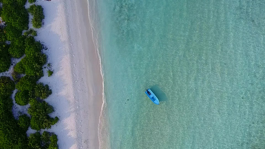 蓝水和棕榈附近白色沙滩背景的美丽海岸海滩之旅阳光明媚视频