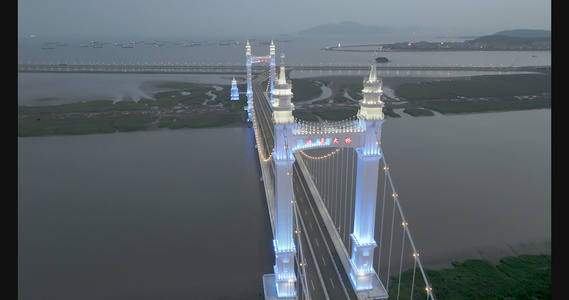 4k浙江舟山网红桥港岛大桥夜景航拍视频