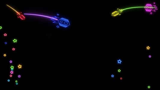 角落上的火箭彩虹百发射器和黑屏上的彩色发光星飞行标志视频