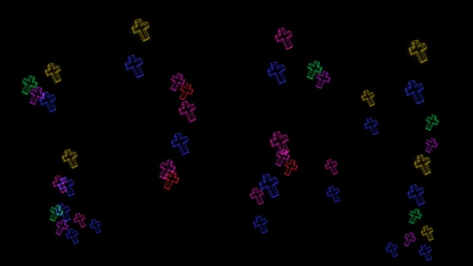 彩虹彩虹彩色护身符亮光在黑屏上飞过所有框架的情感标志视频