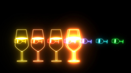 彩虹彩色辉光香槟玻璃跳舞灯霓虹灯标志元素和黑屏上的视频