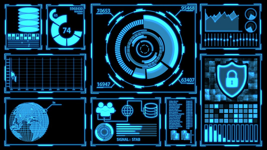 具有蓝色主题细节的数据传输传输和数字转换屏幕HUD视频