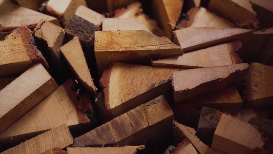 从冬天收获的橡木柴火中顺利出发堆放在木头上视频