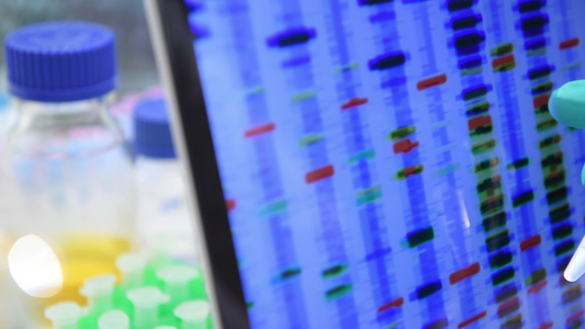 科学家在实验室的电脑屏幕上检查样本的基因组成视频