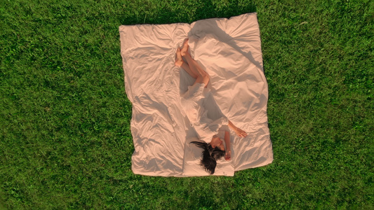 躺在白床草地上带绿草的雌鸟上方飞行无人驾驶无人机视频