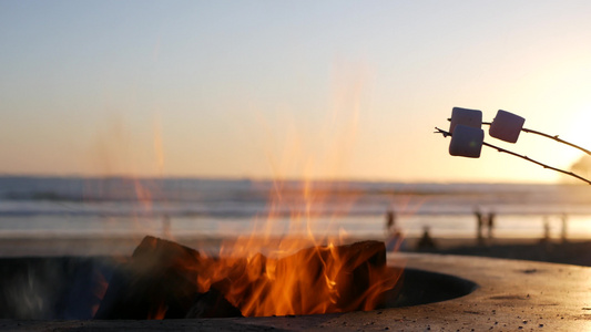 美国加利福尼亚州的篝火坑在海洋海滩上篝火在篝火上烤视频