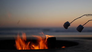 美国加利福尼亚州的篝火坑在海洋海滩上篝火在篝火上烤15秒视频