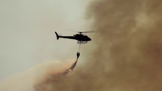 直升机在森林纵火时向森林浇水视频