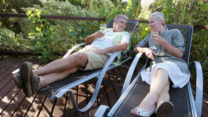 一对夫妇坐在花园的椅子上喝着酒7秒视频