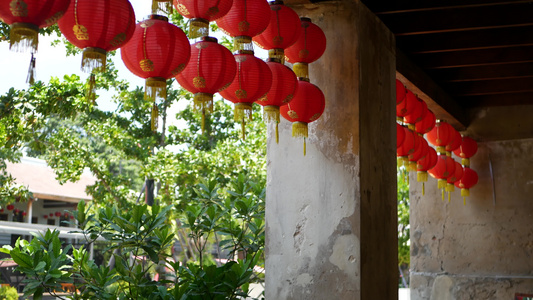 破旧建筑上的纸灯笼在东方国家多汁的绿色植物之间阳光明媚视频