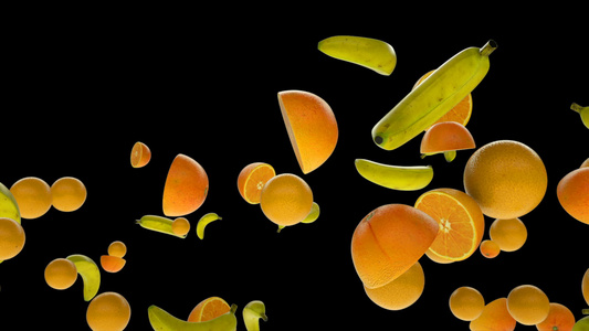 新鲜香蕉和橙子慢速飞翔挂着乳胶垫视频