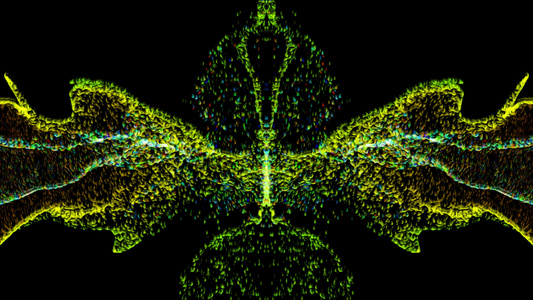 在黑暗背景上形成蝴蝶的抽象流体粒子视频