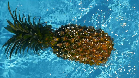漂浮在游泳池的蓝色水中的菠萝健康生有机食品多汁的水果视频