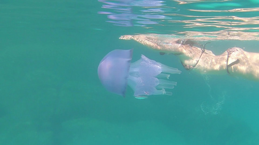 一位年轻美女在水下慢动作拍摄在透明的蓝色中游泳身上视频