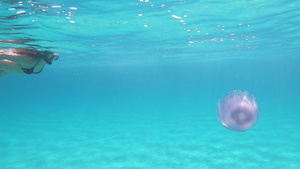 一位年轻美女在水下慢动作拍摄在透明的蓝色中游泳身上54秒视频