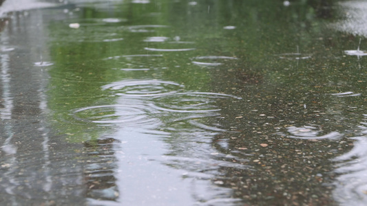 雨滴在水坑表面喷洒的雨水视频