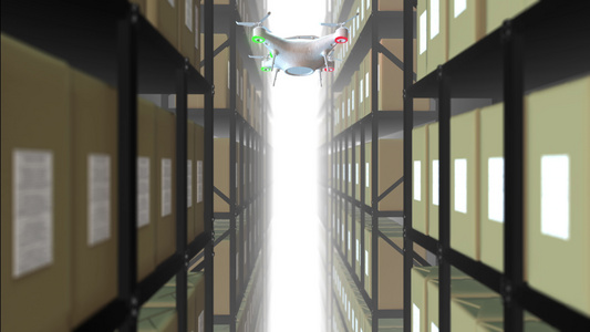 仓库无人机扫描金属架子纸板箱上的二维码的动画全自动视频