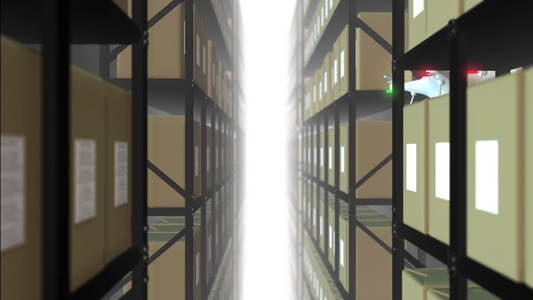 仓库无人机扫描金属架子纸板箱上的二维码的动画全自动视频