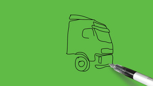 在抽象绿色背景上绘制黑色和蓝色组合的运输卡车10秒视频