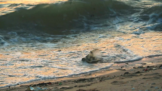 海面日落沙滩上留下塑料玻璃和废物海浪将它们吹入海中视频