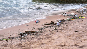 海面日落沙滩上留下泡沫和废物海浪将它们吹入海中116秒视频