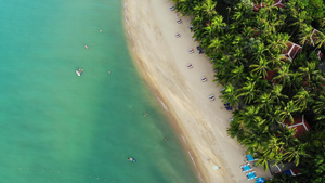 蓝色泻湖和沙滩与棕榈树沙滩上蓝色泻湖和日光浴床的鸟瞰图24秒视频