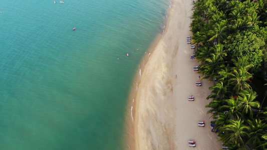 蓝色泻湖和沙滩与棕榈树沙滩上蓝色泻湖和日光浴床的鸟瞰图视频