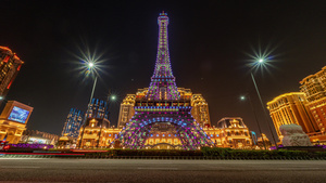 4k澳门巴黎人埃菲尔铁塔夜景延时8秒视频