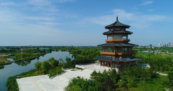 西安鄠邑区渼陂湖景区紫烟阁塔航拍视频